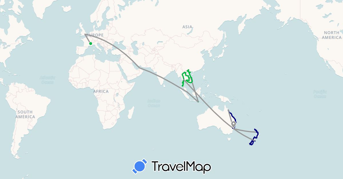 TravelMap itinerary: driving, bus, plane in United Arab Emirates, Australia, France, United Kingdom, Indonesia, Cambodia, Laos, New Zealand, Singapore, Thailand, Vietnam (Asia, Europe, Oceania)